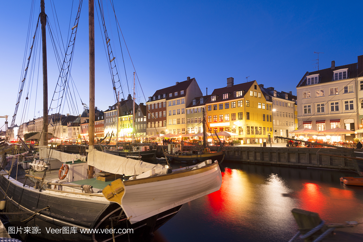 哥本哈根新港,新港,水平画幅,夜晚
