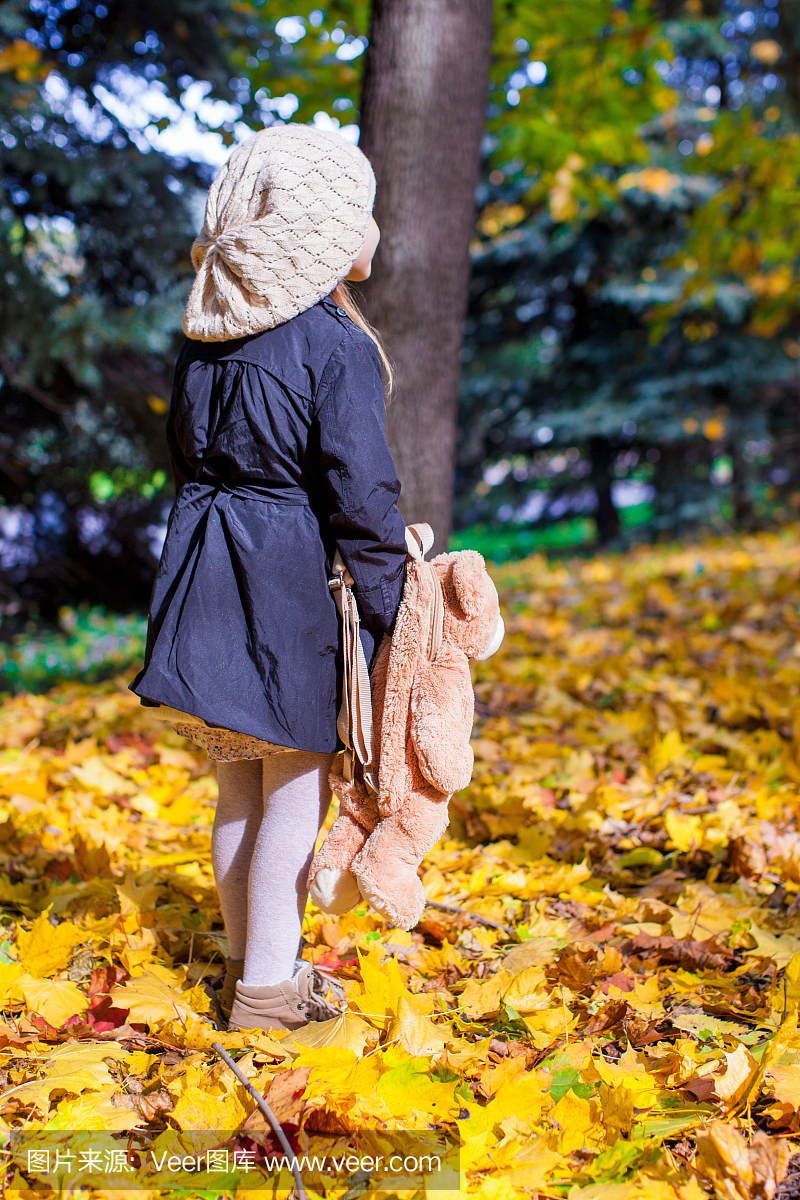 有背包熊的迷人小女孩的后视图