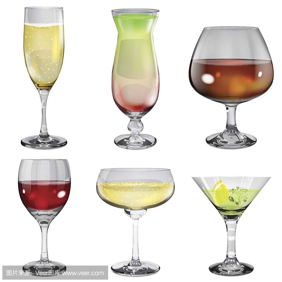 一套不透明的玻璃杯与不同的饮料