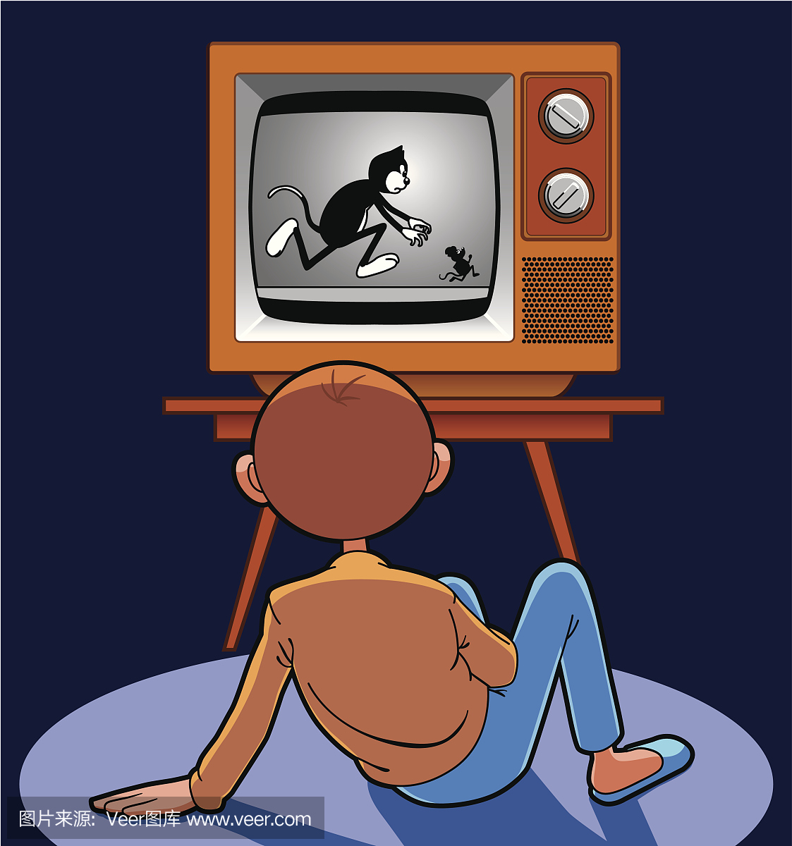 在古老的电视看动画卡通的孩子