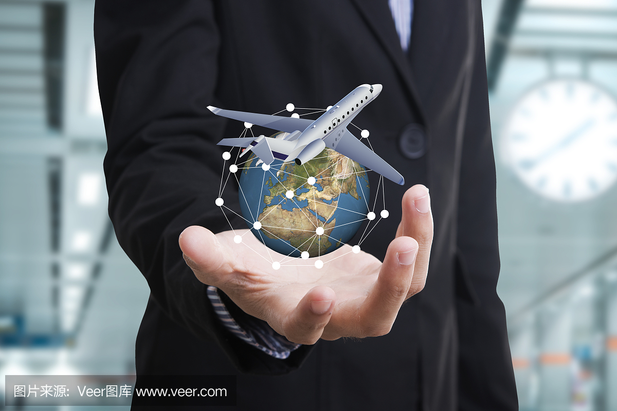 商务旅行保险和保险代理与保护姿态和飞机和地