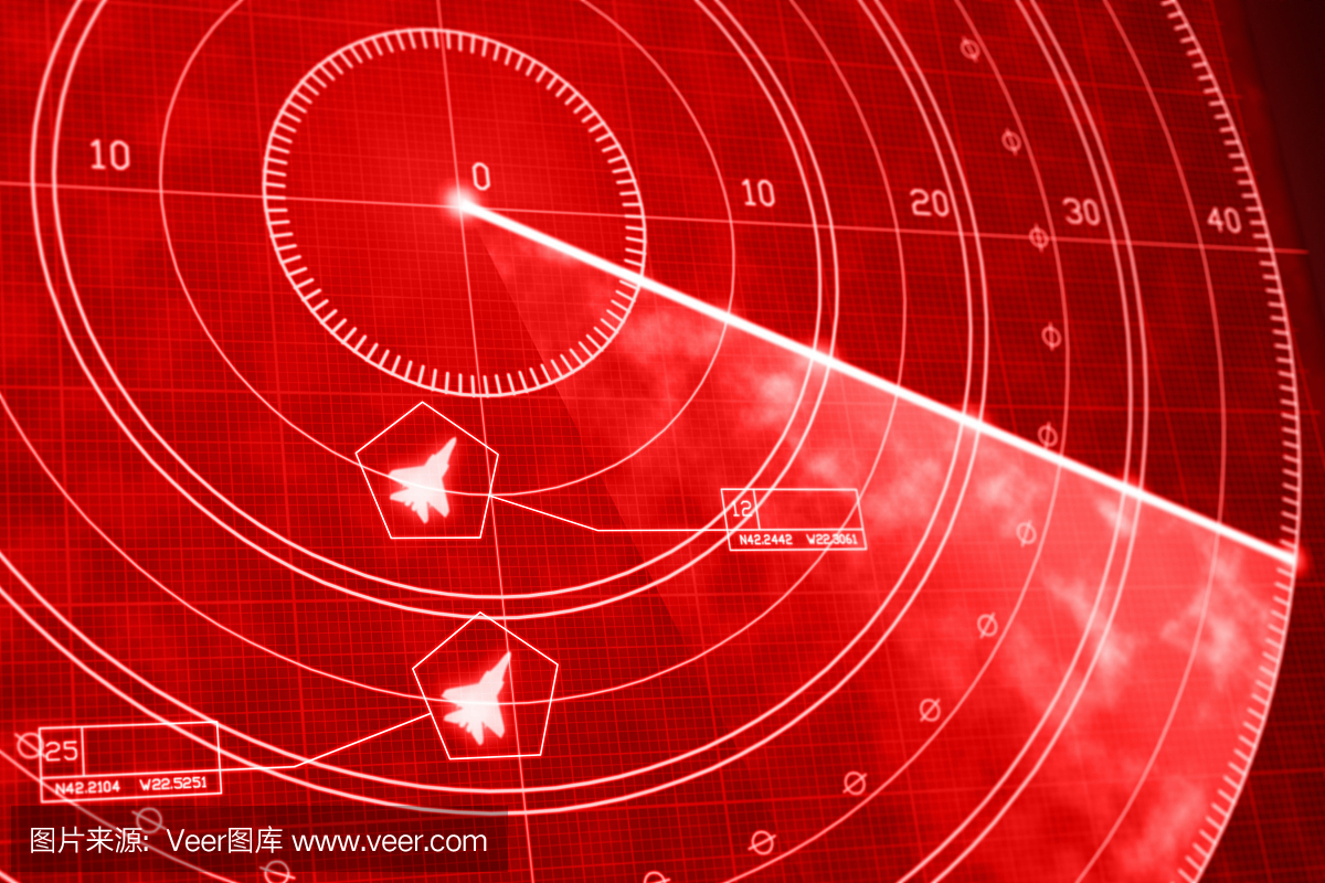 红色雷达显示的军事战机与坐标