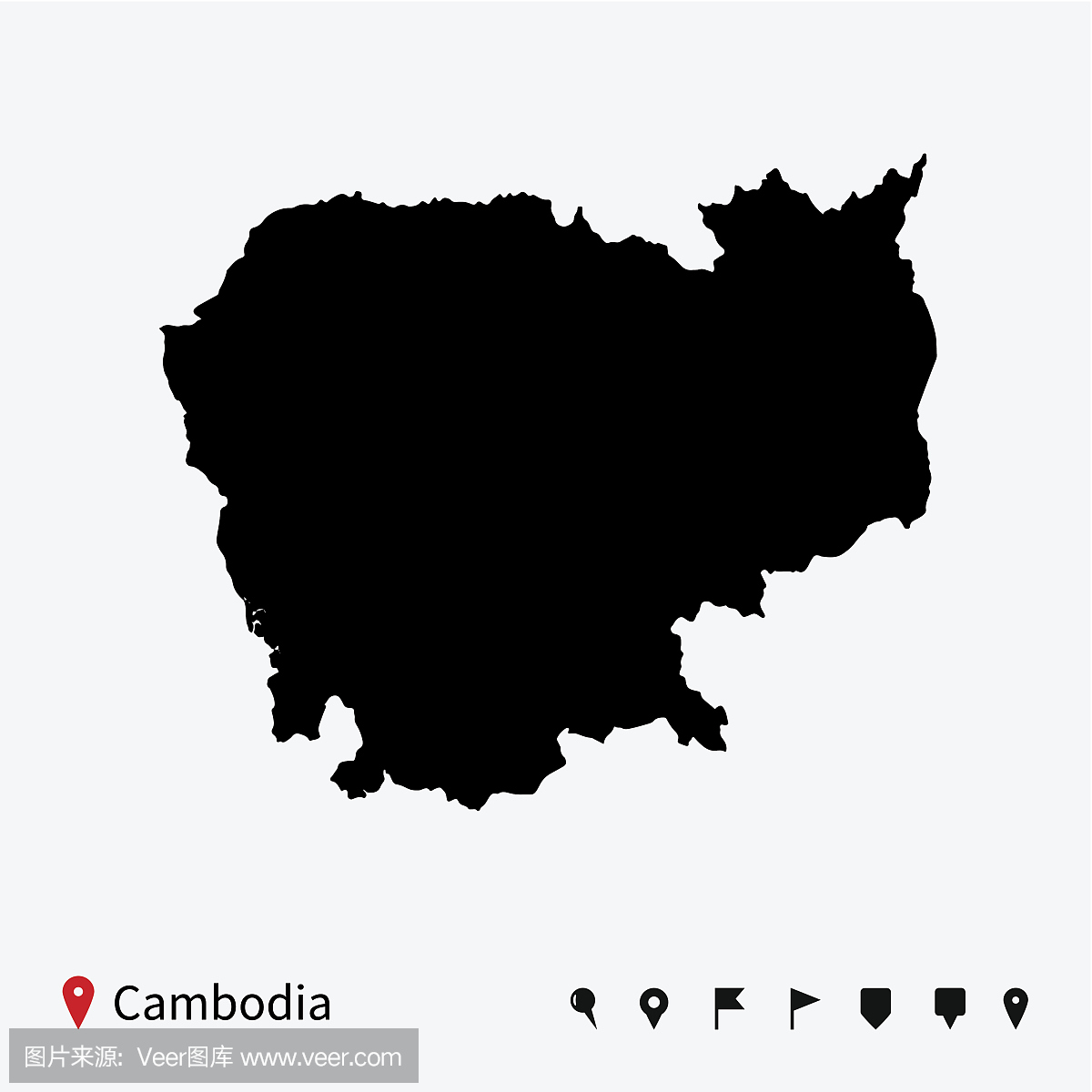 柬埔寨的高详细矢量地图与导航针。