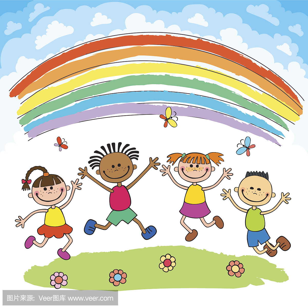 孩子们在彩虹,彩色卡通下的小山上欢乐地跳跃