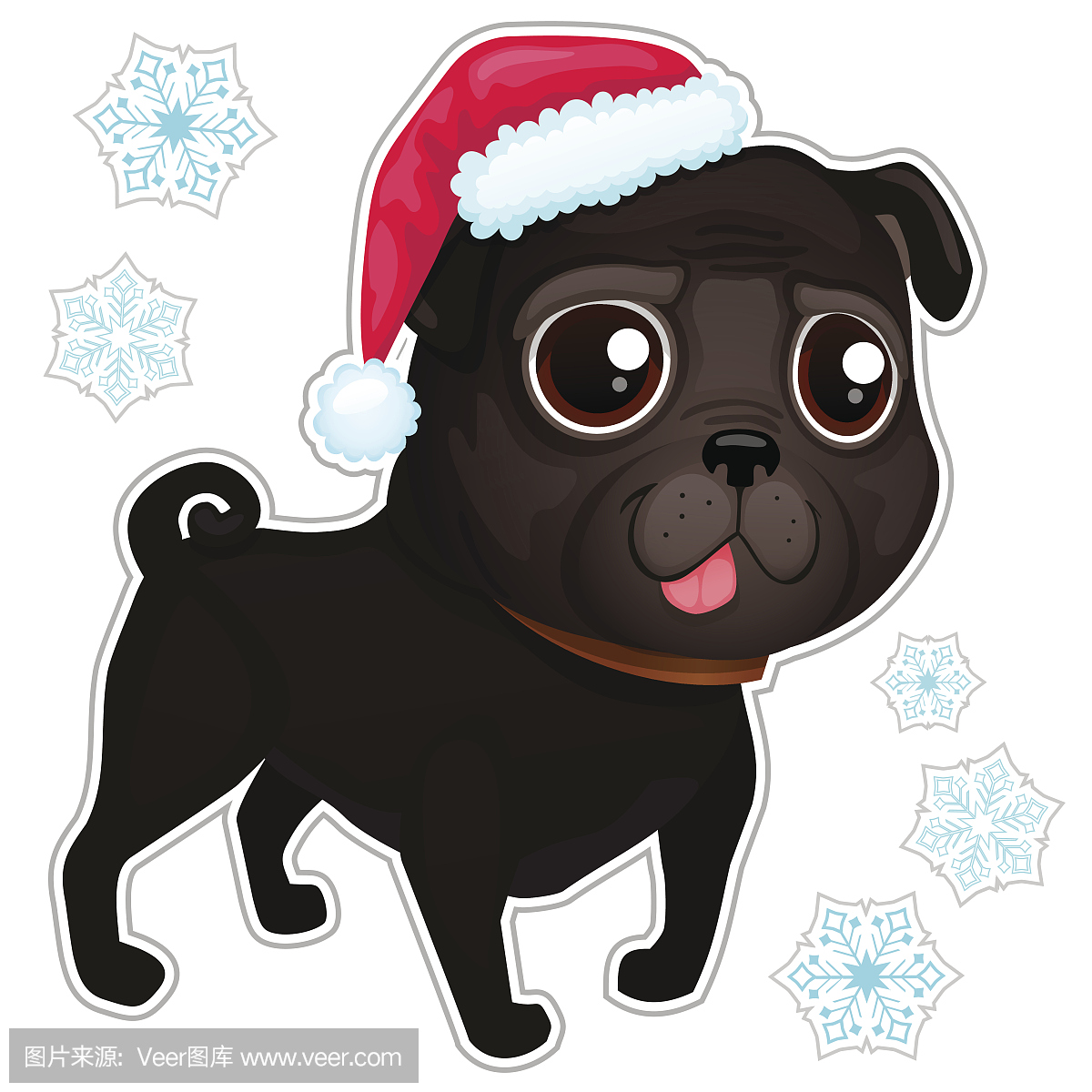 在圣诞帽子的黑色哈巴狗。狗帕格品种的例证。