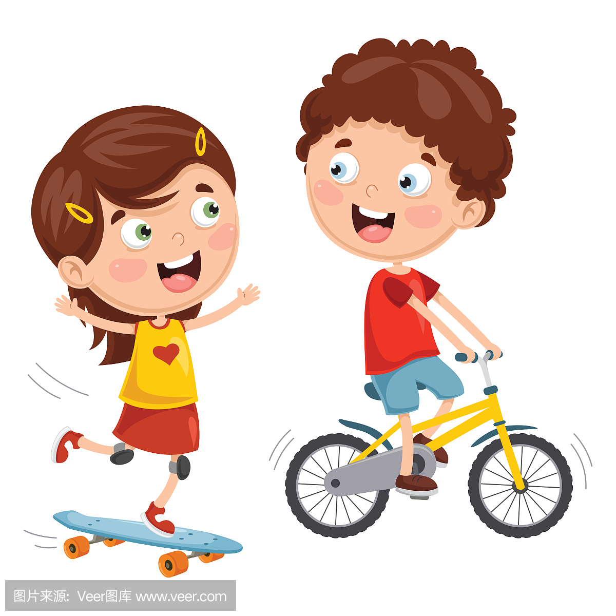 矢量图的孩子们玩滑板和骑自行车