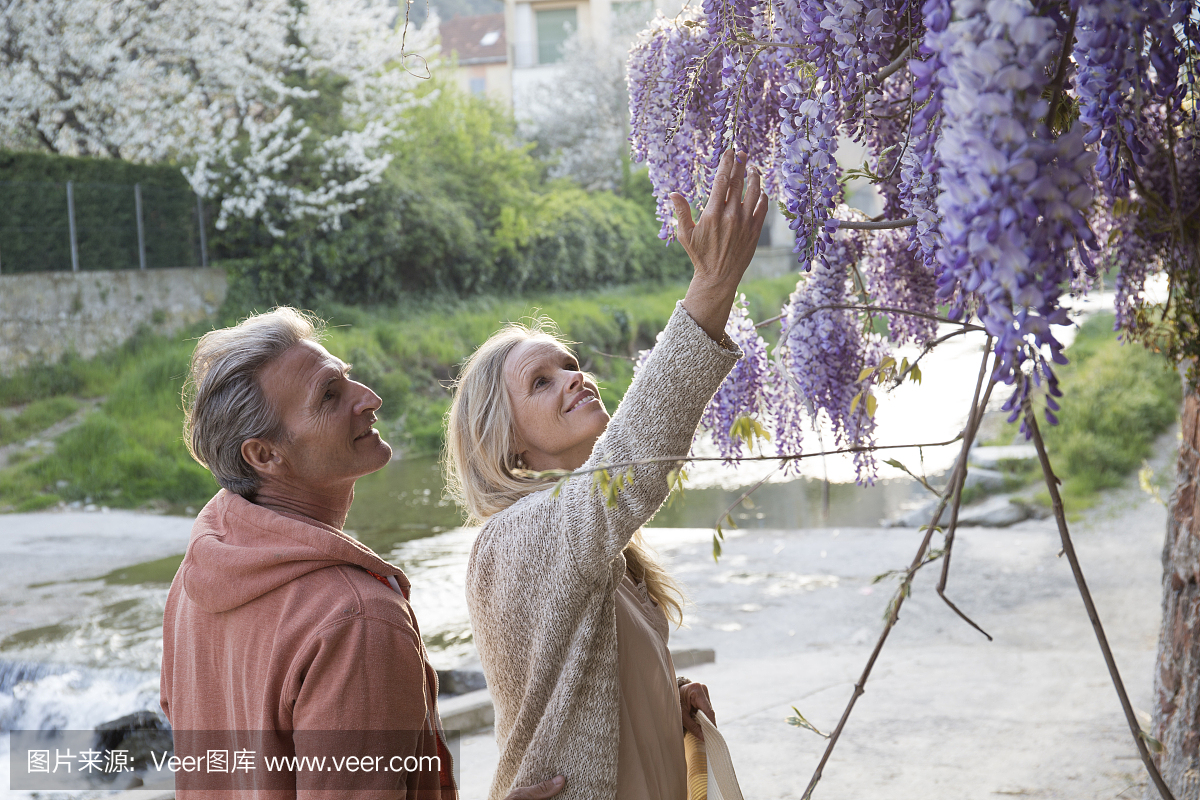 夫妇凝视着意大利利古里亚的鲜花。