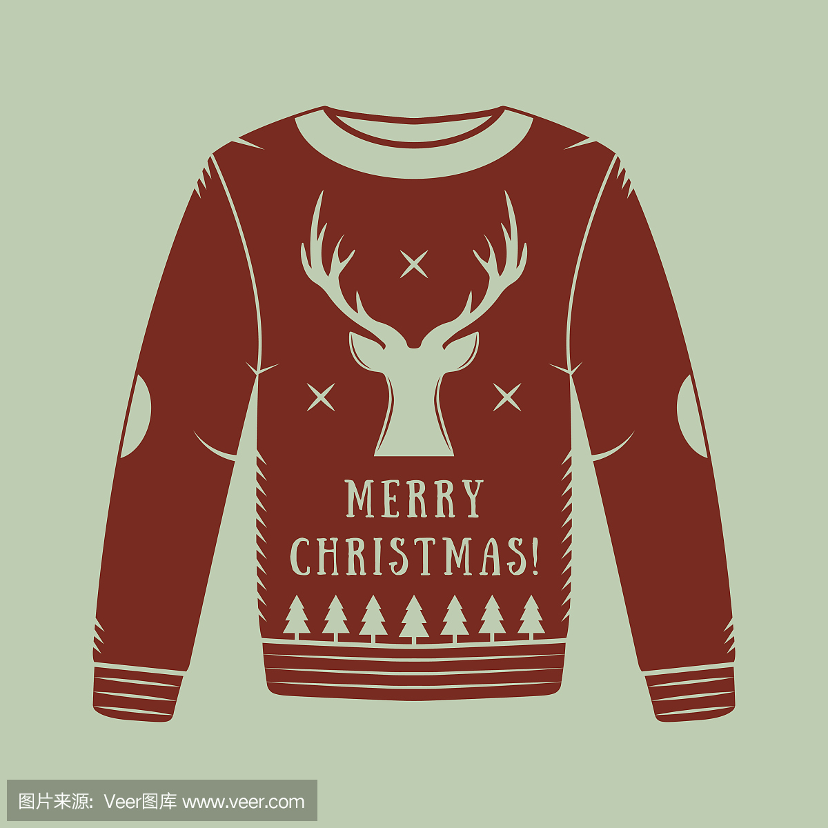 葡萄酒圣诞毛衣与鹿,树和星星在红色。