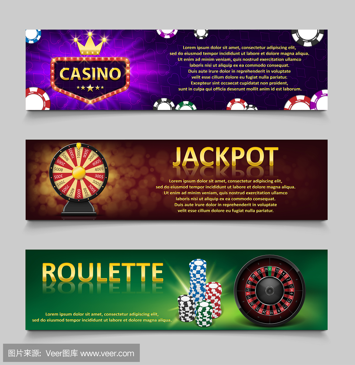赌博横幅轮盘和赌场筹码,彩票机,黄金财富轮组