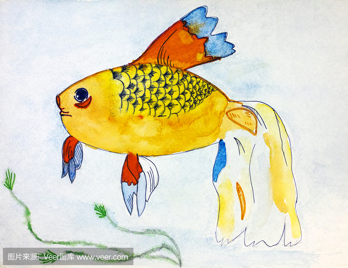 鱼。儿童水彩手绘图。