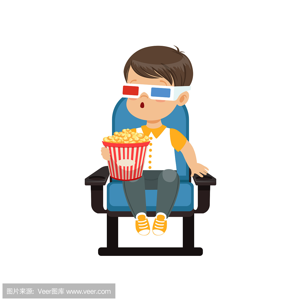 镜坐在一把蓝色的椅子上,吃爆米花和看电影矢