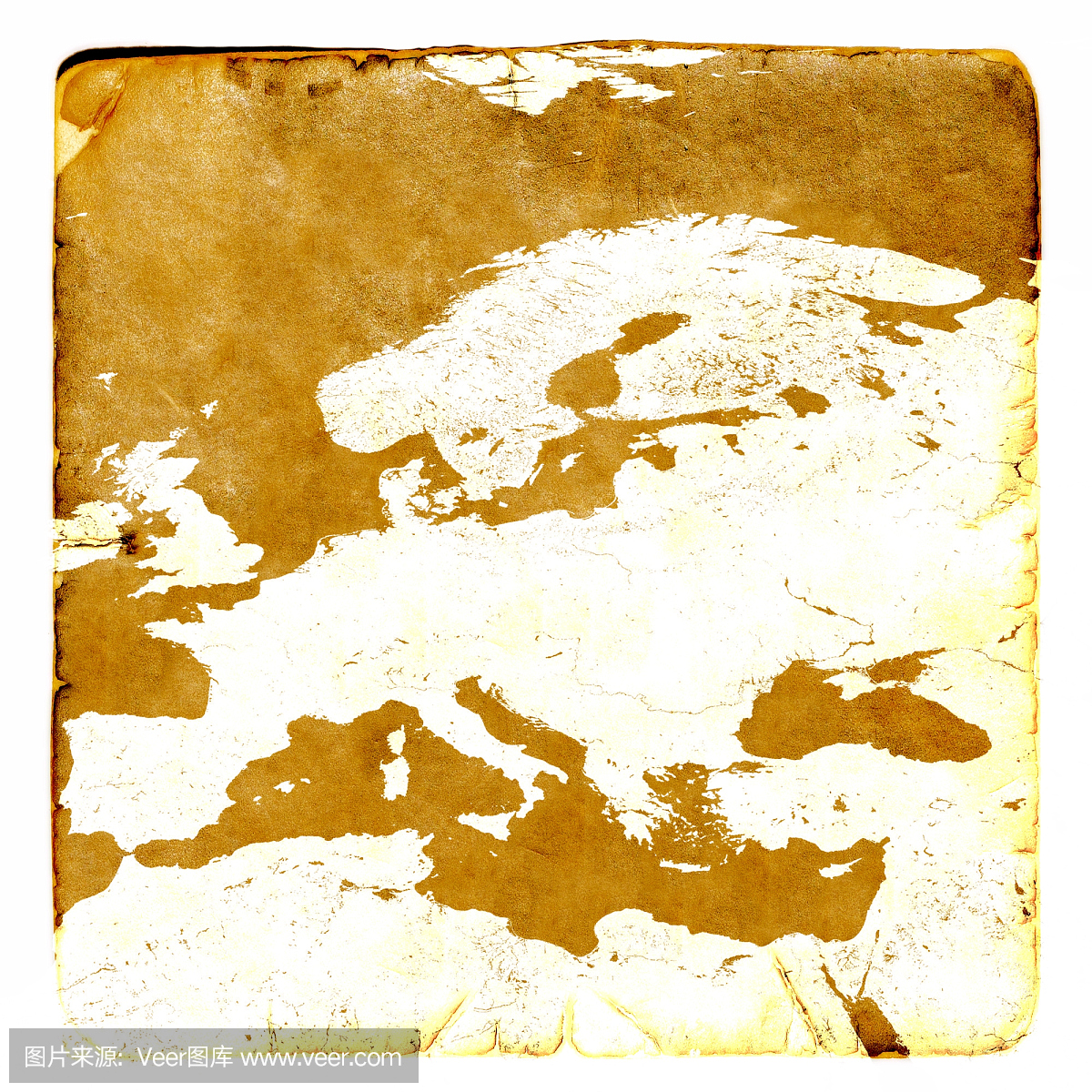欧洲地图以旧样式空白。棕色图形在古老和损坏