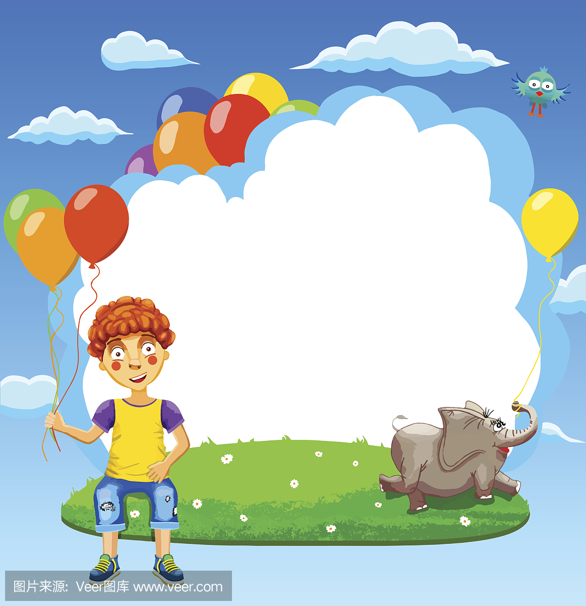 矢量插画的快乐男孩在草地上与气球