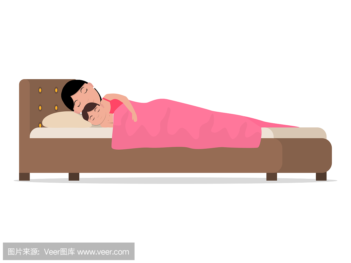 矢量卡通睡觉与婴儿的床上的女人