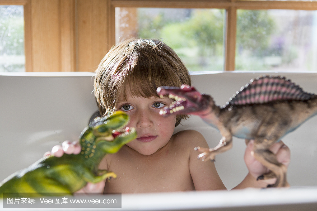 4岁男孩在玩玩具恐龙的浴缸里