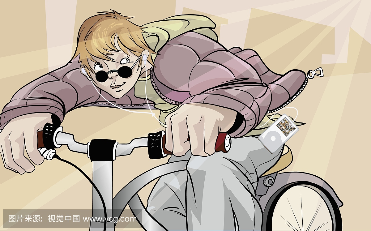 一个骑自行车的男孩的特写,听音乐