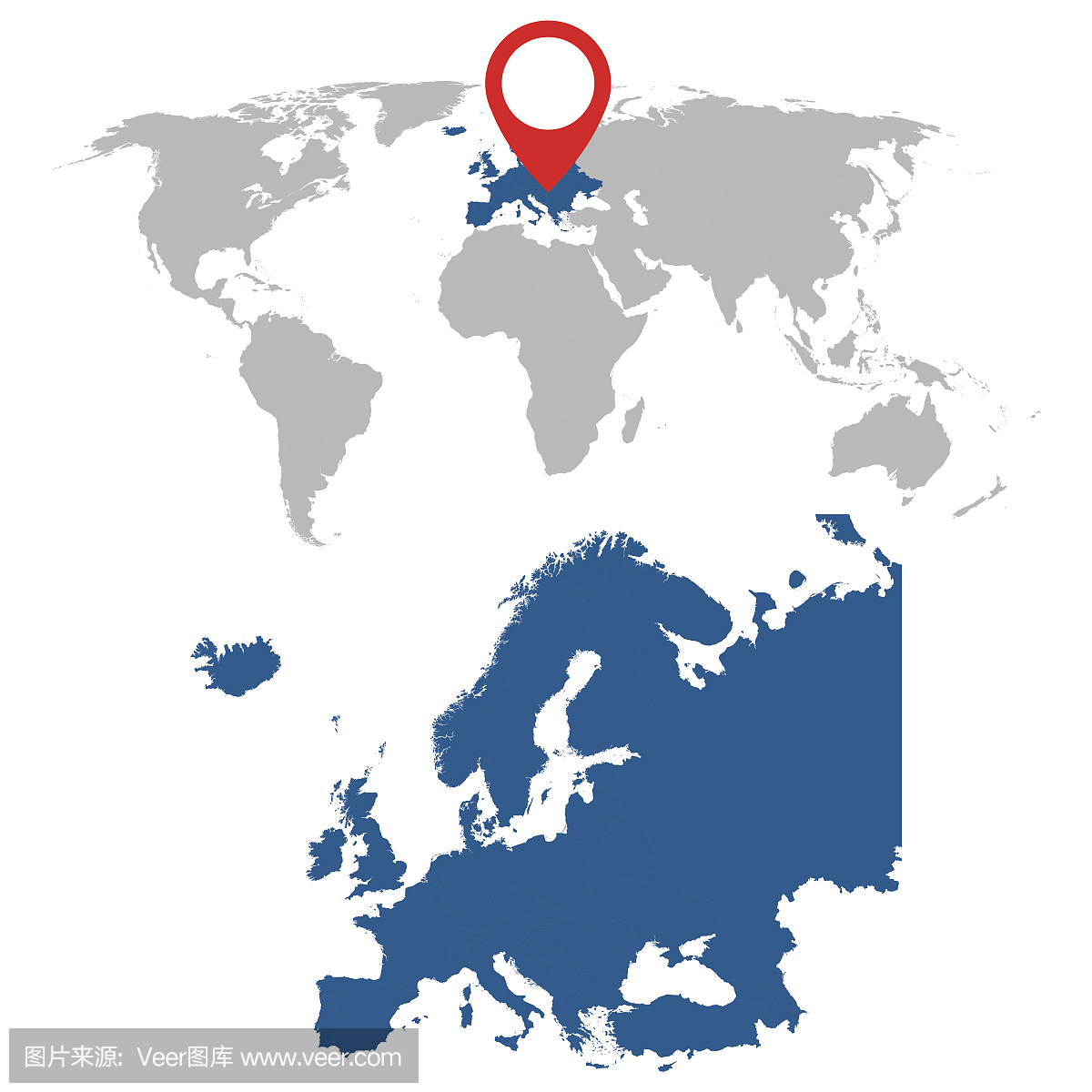 欧洲和世界地图导航集的详细地图。平矢量图。
