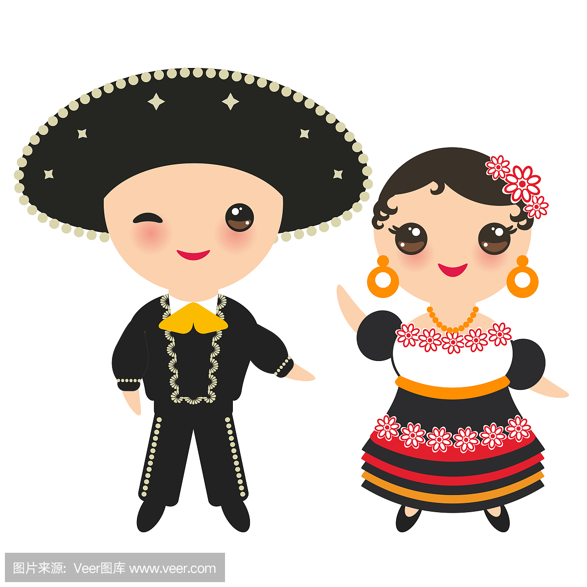 墨西哥男孩和女孩在民族服装和帽子。墨西哥传