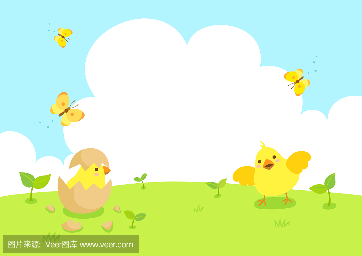 复活节快乐与可爱的小鸡和蝴蝶。春天的背景