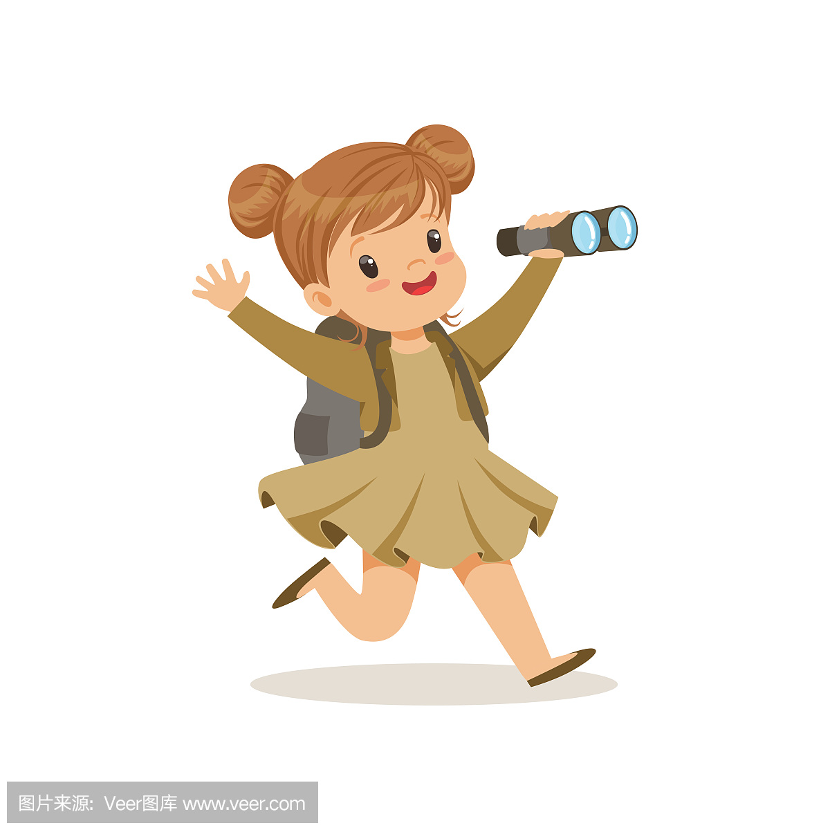 侦察员服装运行与背包和双筒望远镜,室外阵营