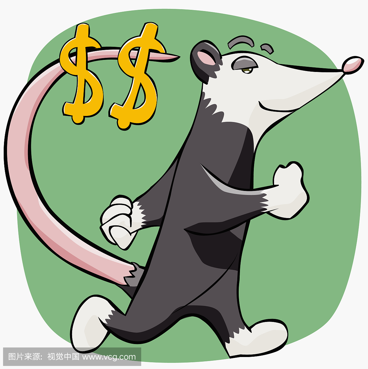 侧面轮廓的一只老鼠走路与美元符号挂在它的尾