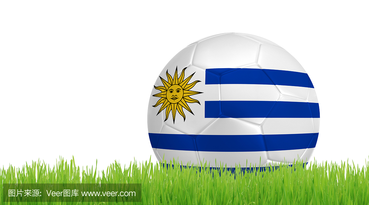绿色草地上的足球与乌拉圭国旗的颜色