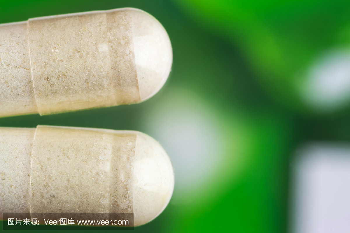 葡萄糖胺胶囊,食品补充丸,顶视图,宏观形象。