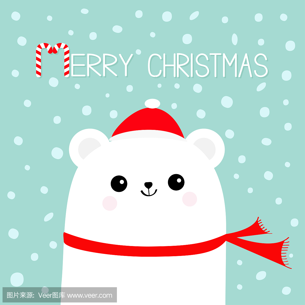 圣诞快乐糖果手杖。极地白熊小熊头脸上戴着红