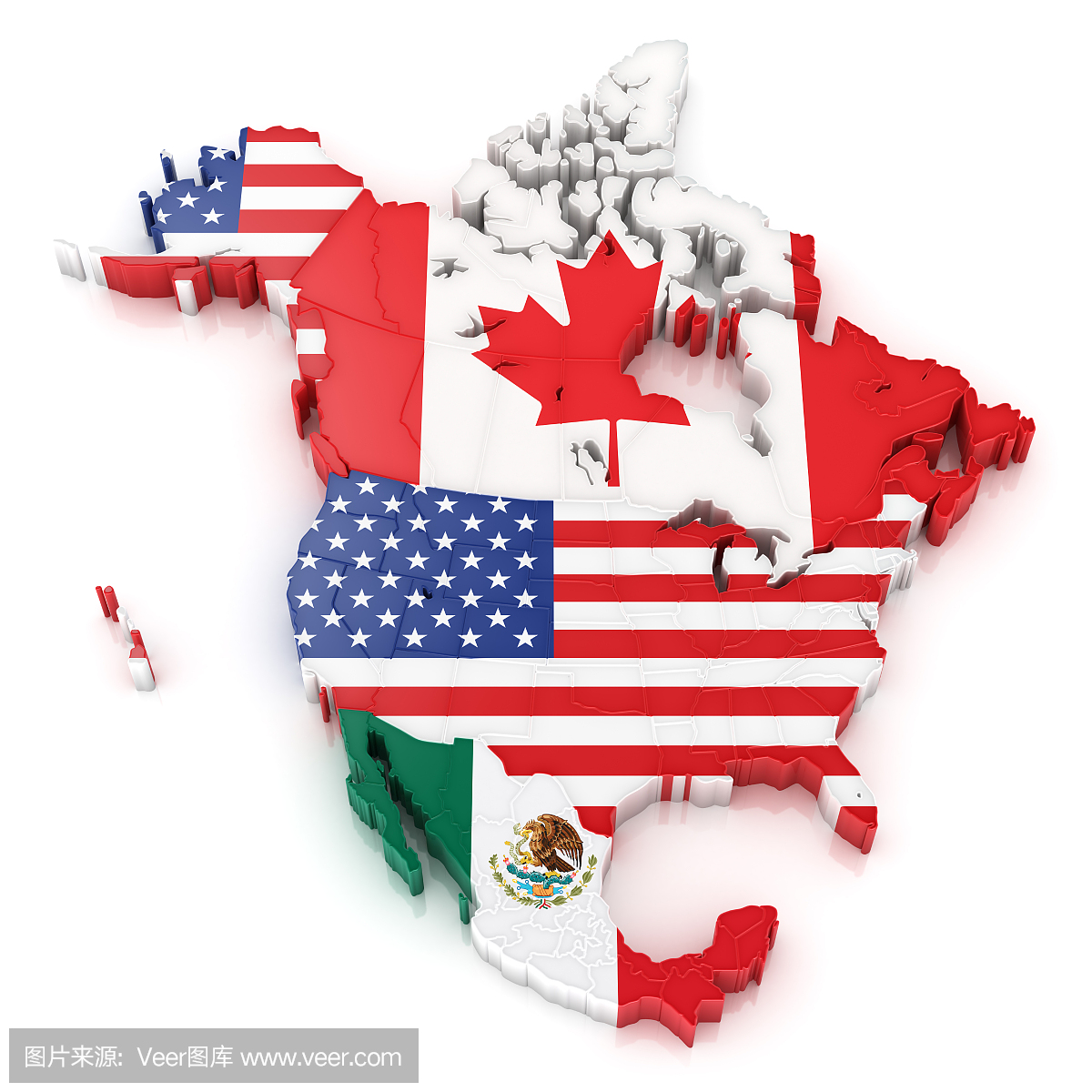 北美地图与加拿大和墨西哥的国旗