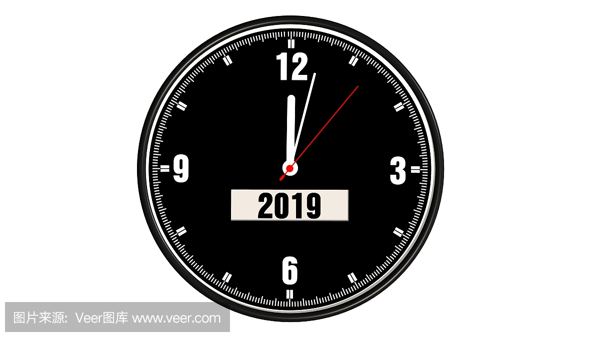 圆形时钟与新的一年2019年 - 孤立在白色