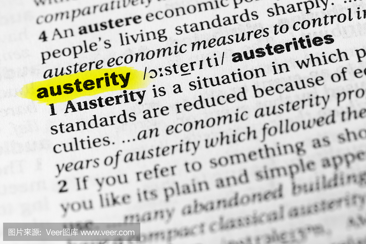 突出显示的英语单词'austerity'及其在词典中的定