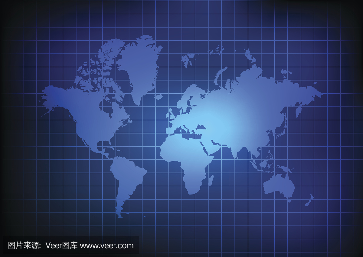矢量:世界地图和蓝色背景上的网格