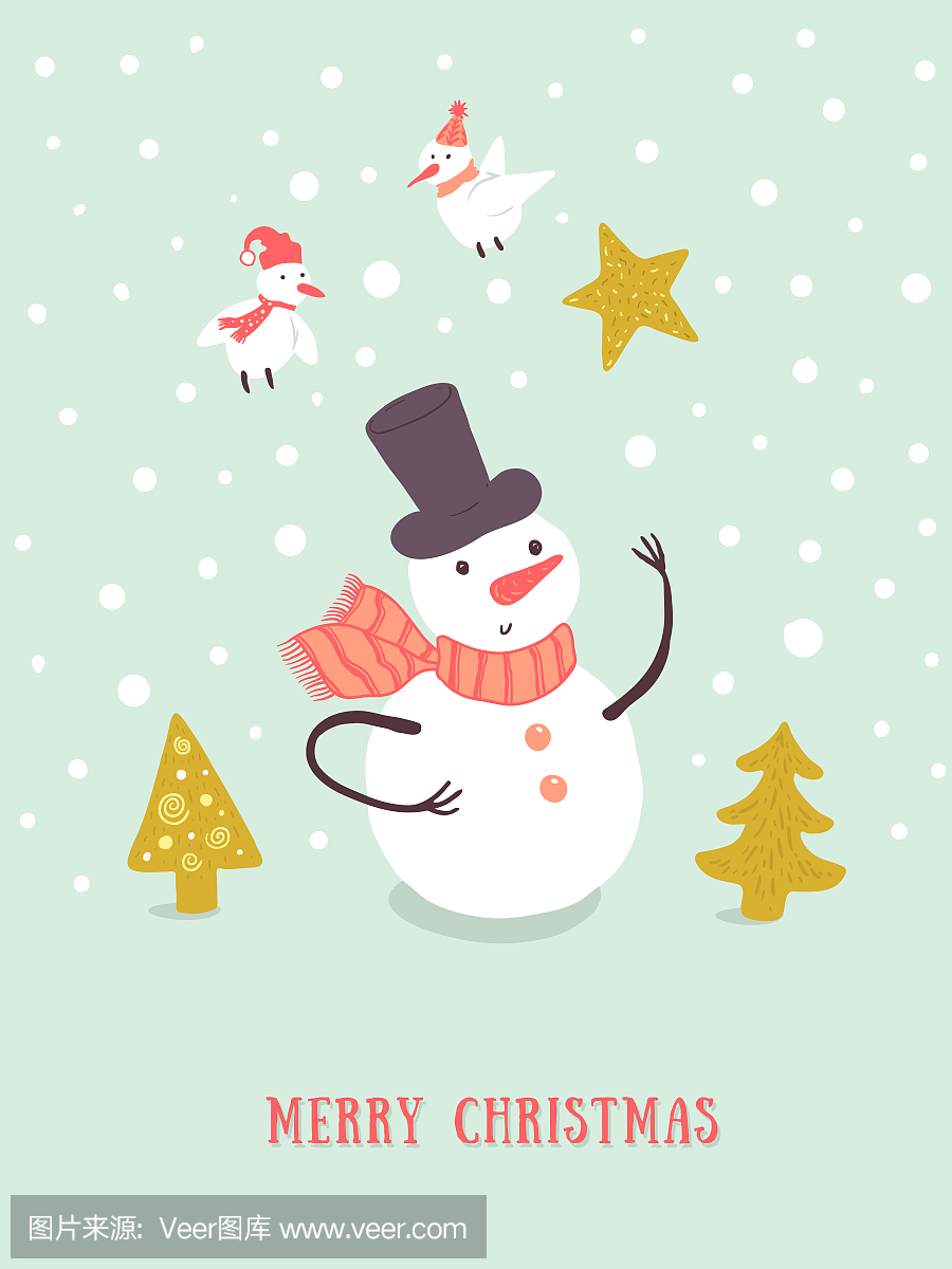 圣诞贺卡设计与假日搞笑雪人,圣诞树,雪花,鸟类