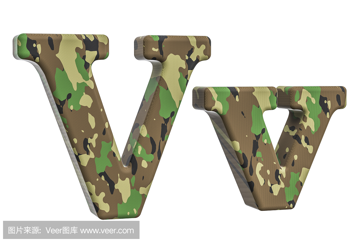 伪装军队字母V,在白色背景隔绝的3D翻译