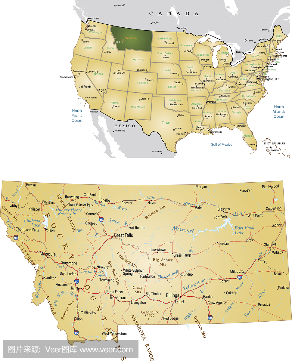 蒙大拿州的地图和显示其在美国的位置的地图