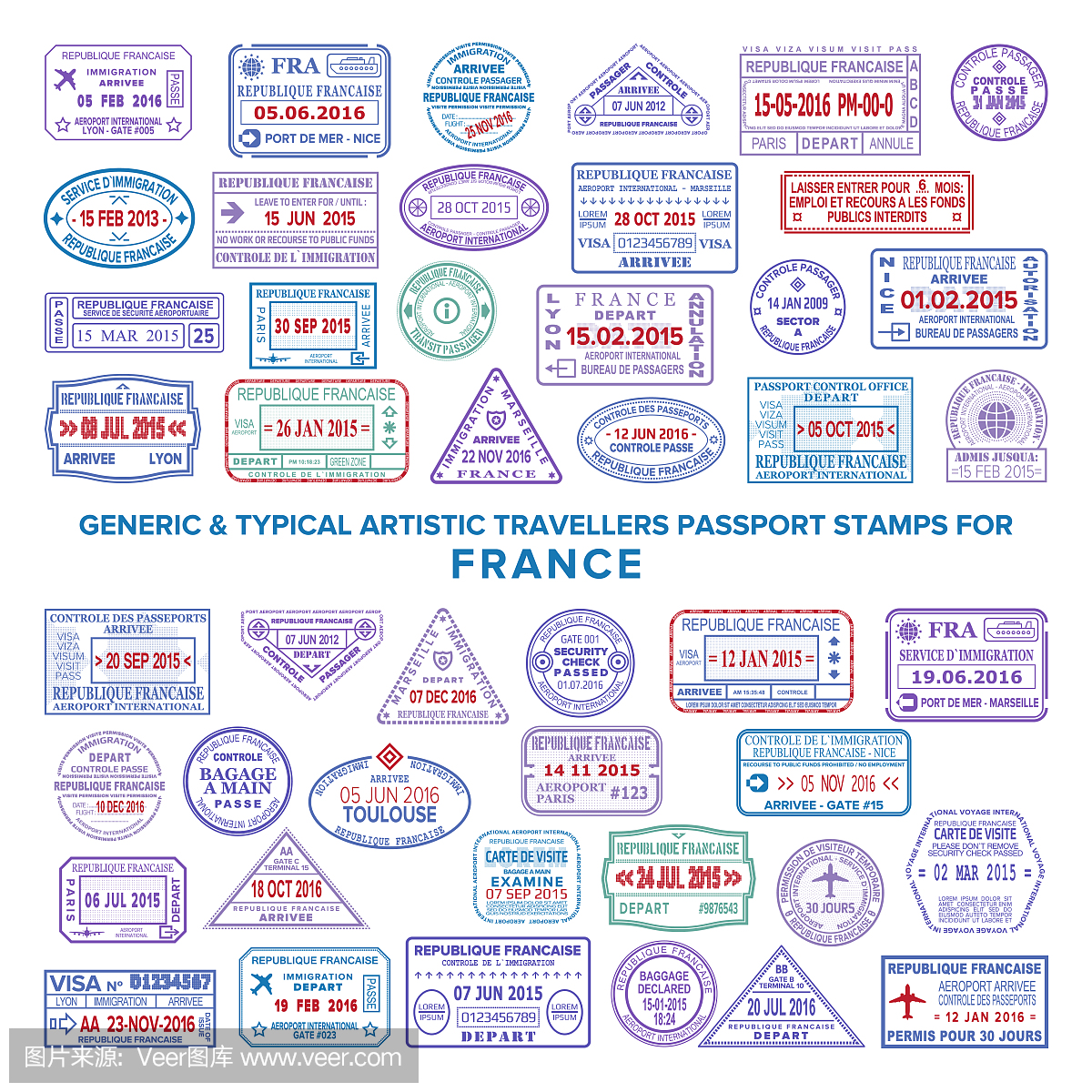 法国的自定义矢量典型艺术护照抵达和离境邮票