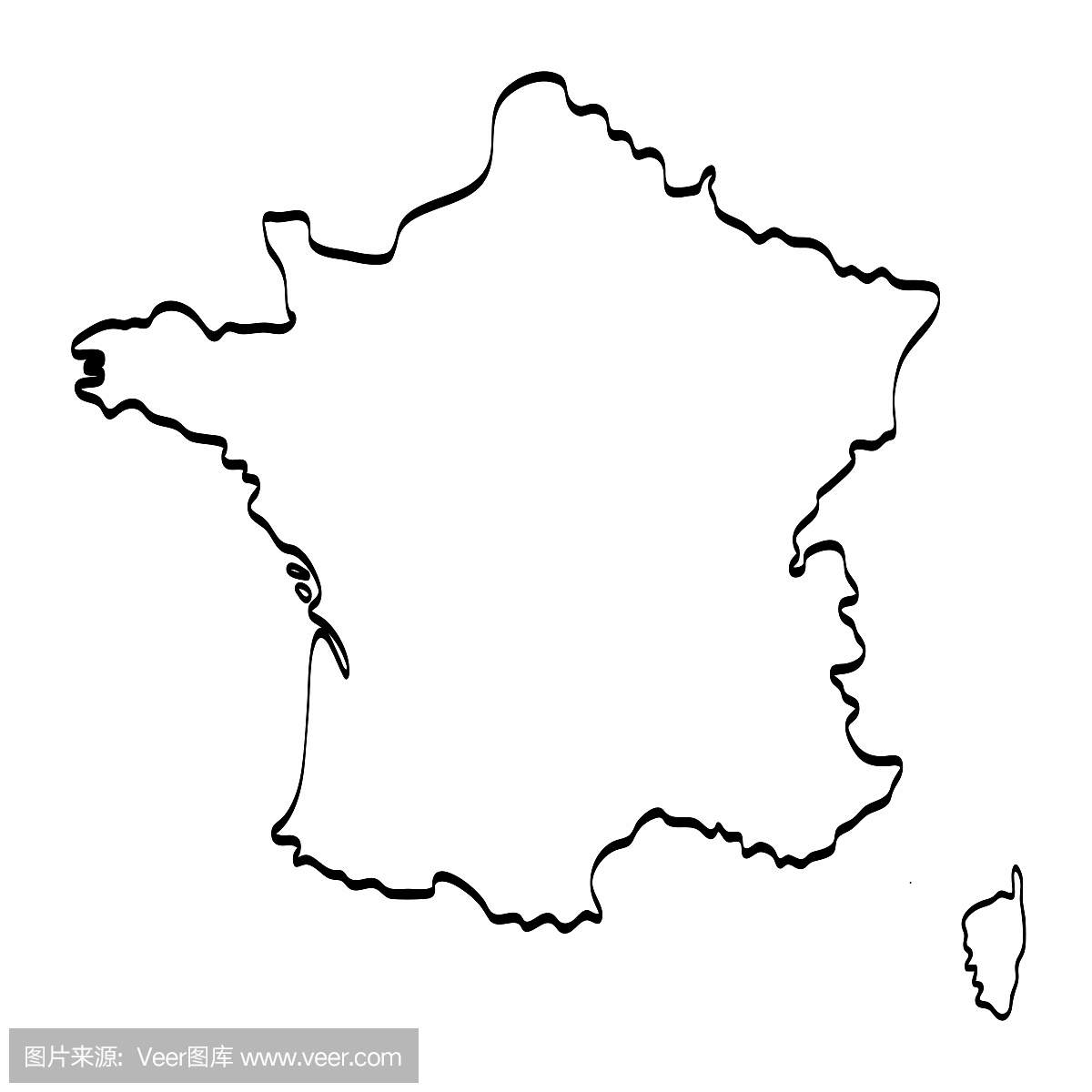 法国地图轮廓图形徒手画在白色背景上。矢量图
