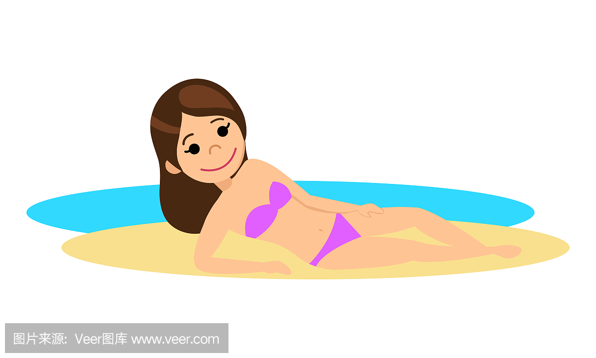 比基尼在海滩上晒日光浴的女人。女孩躺在沙滩
