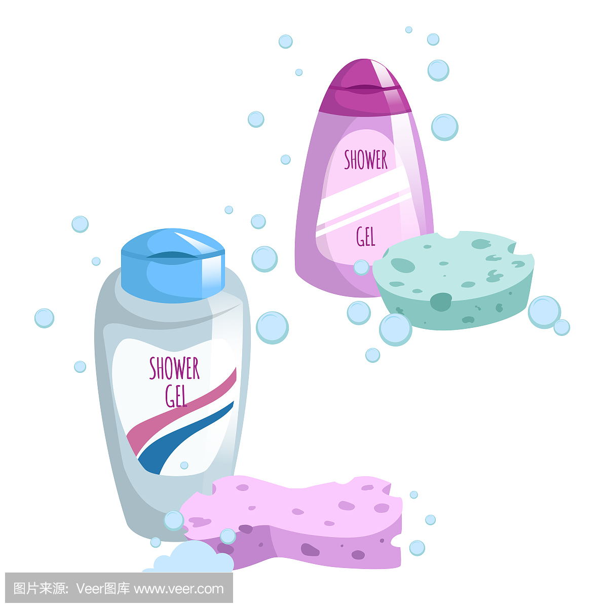 设计蓝色和粉红色容器与液体肥皂和不同颜色沐