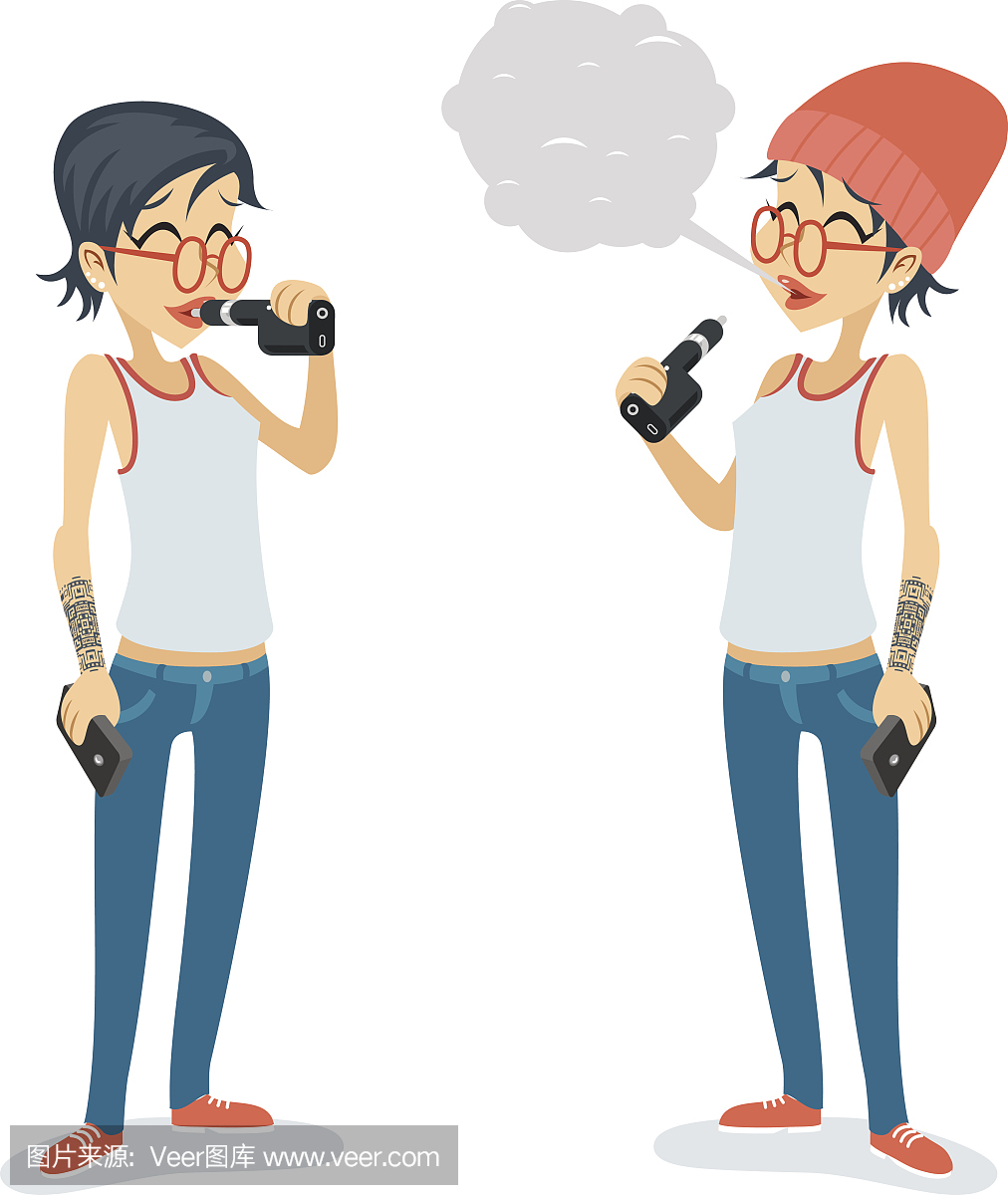 女孩Vape吸烟女性Geek Hipster休闲角色图标