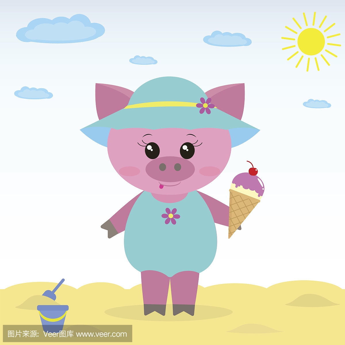 一个可爱的小猪在沙滩上与冰淇淋的插图。