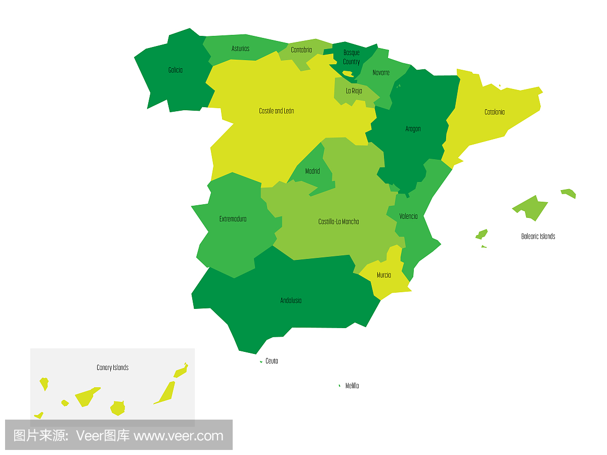 西班牙地图分为17个行政自治区。浅绿色的简