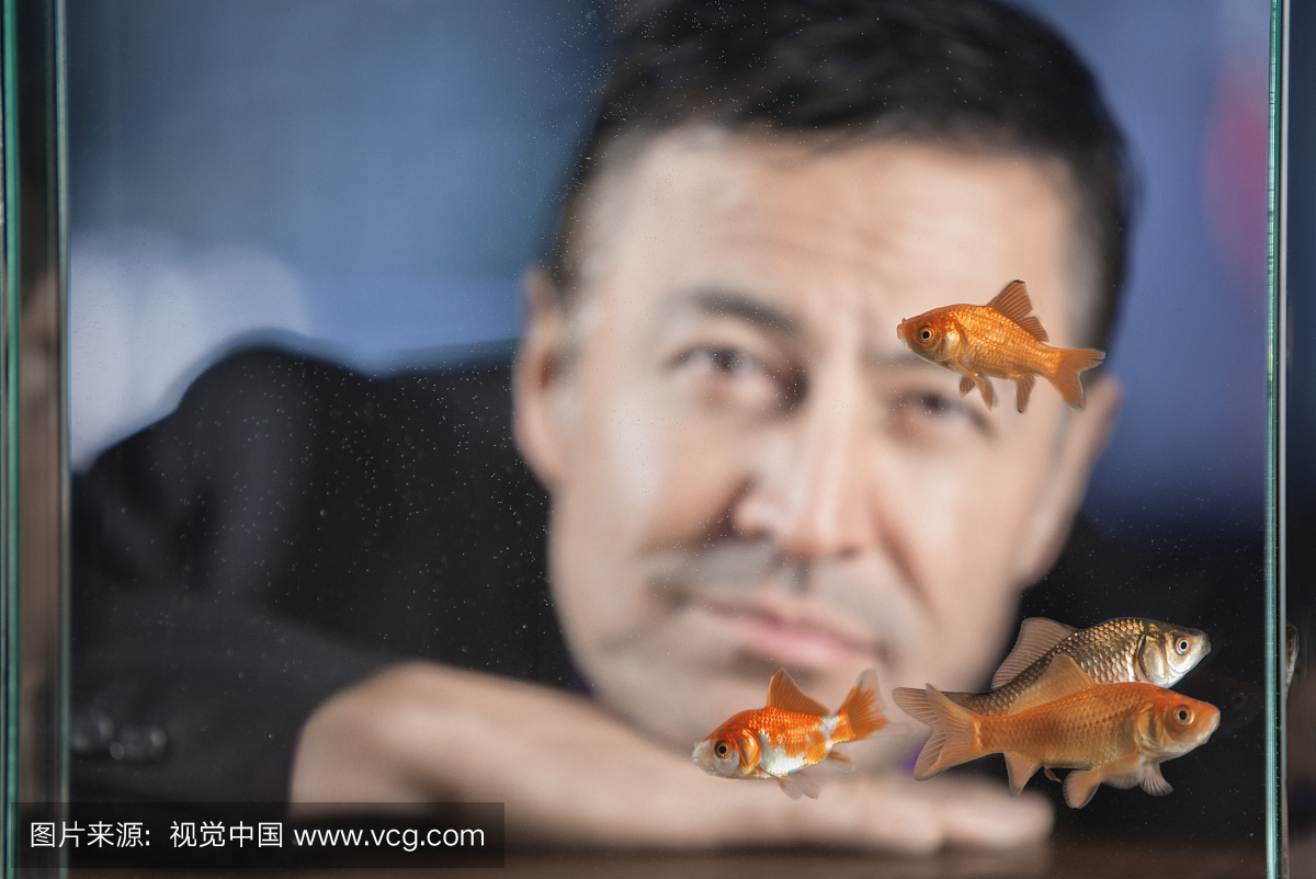 西班牙裔男子望着金鱼