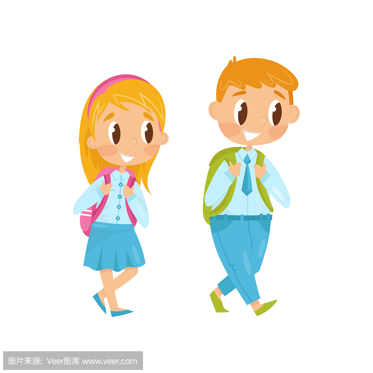 小男孩和女孩在学习上行走。第一个上课日。孩