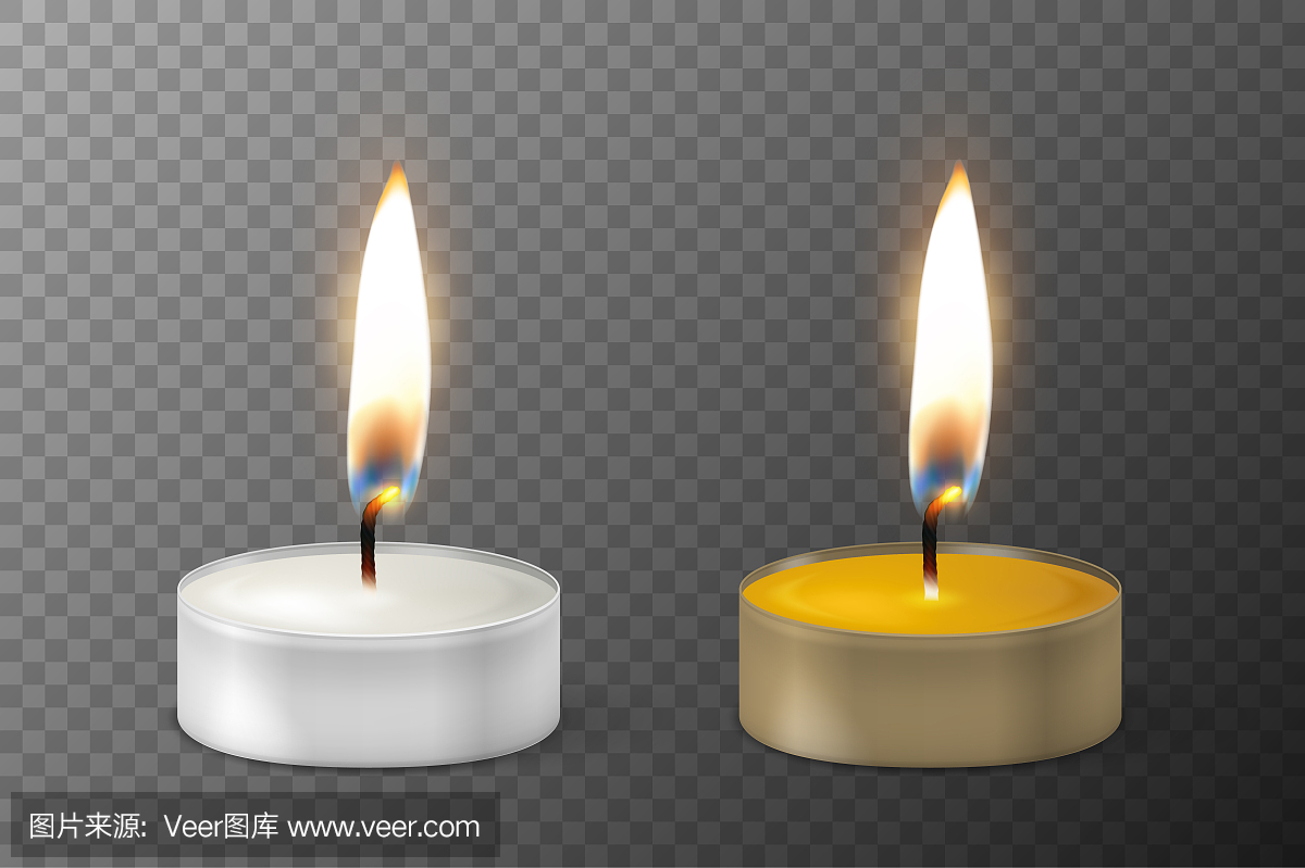 矢量图3d燃烧现实蜡烛光或茶光火焰图标集透