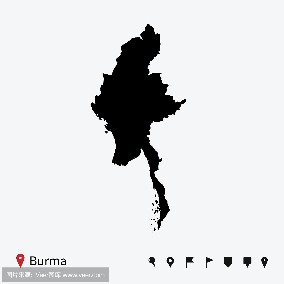 高详细的缅甸矢量地图导航引脚。