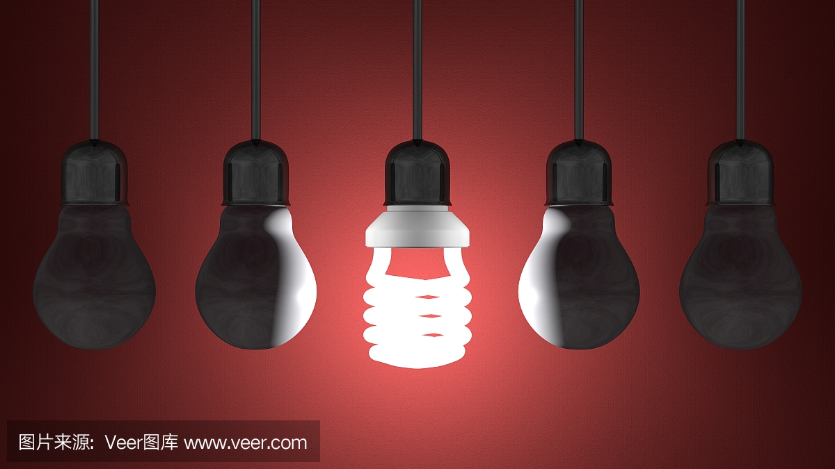 死在钨上的发光的螺旋灯泡挂在红色上