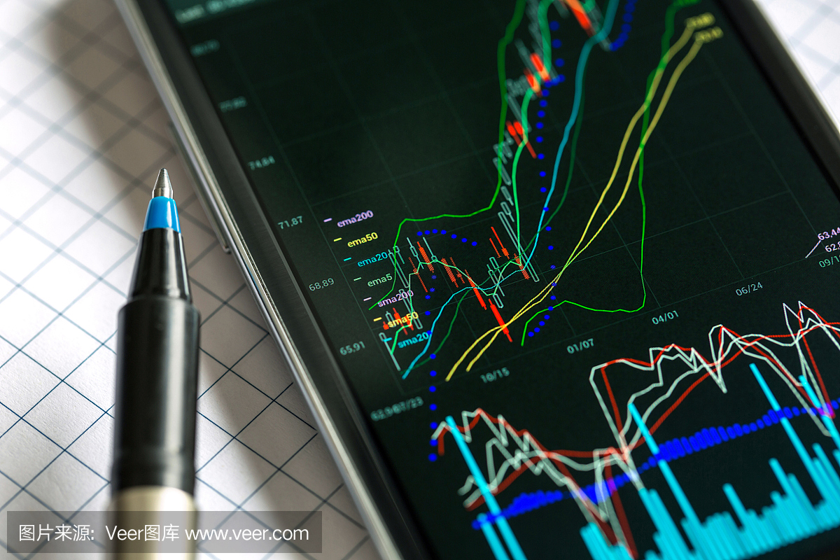 股票市场数据分析:智能手机显示图表和报价。