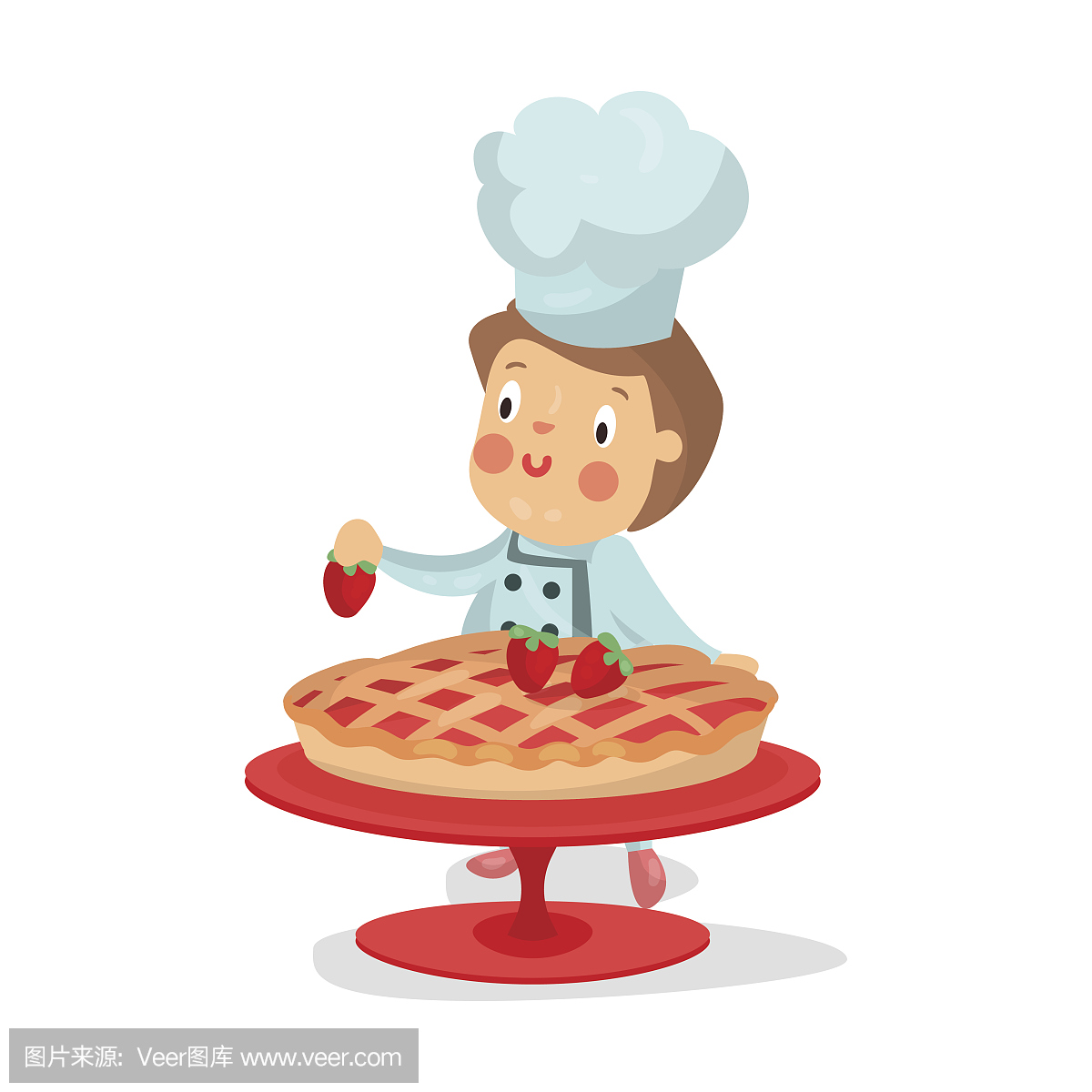 可爱的卡通小男孩厨师人物烤草莓蛋糕矢量插图