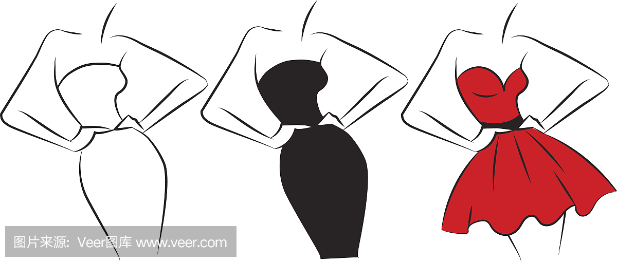 时尚剪影集。黑色,白色和红色的连衣裙